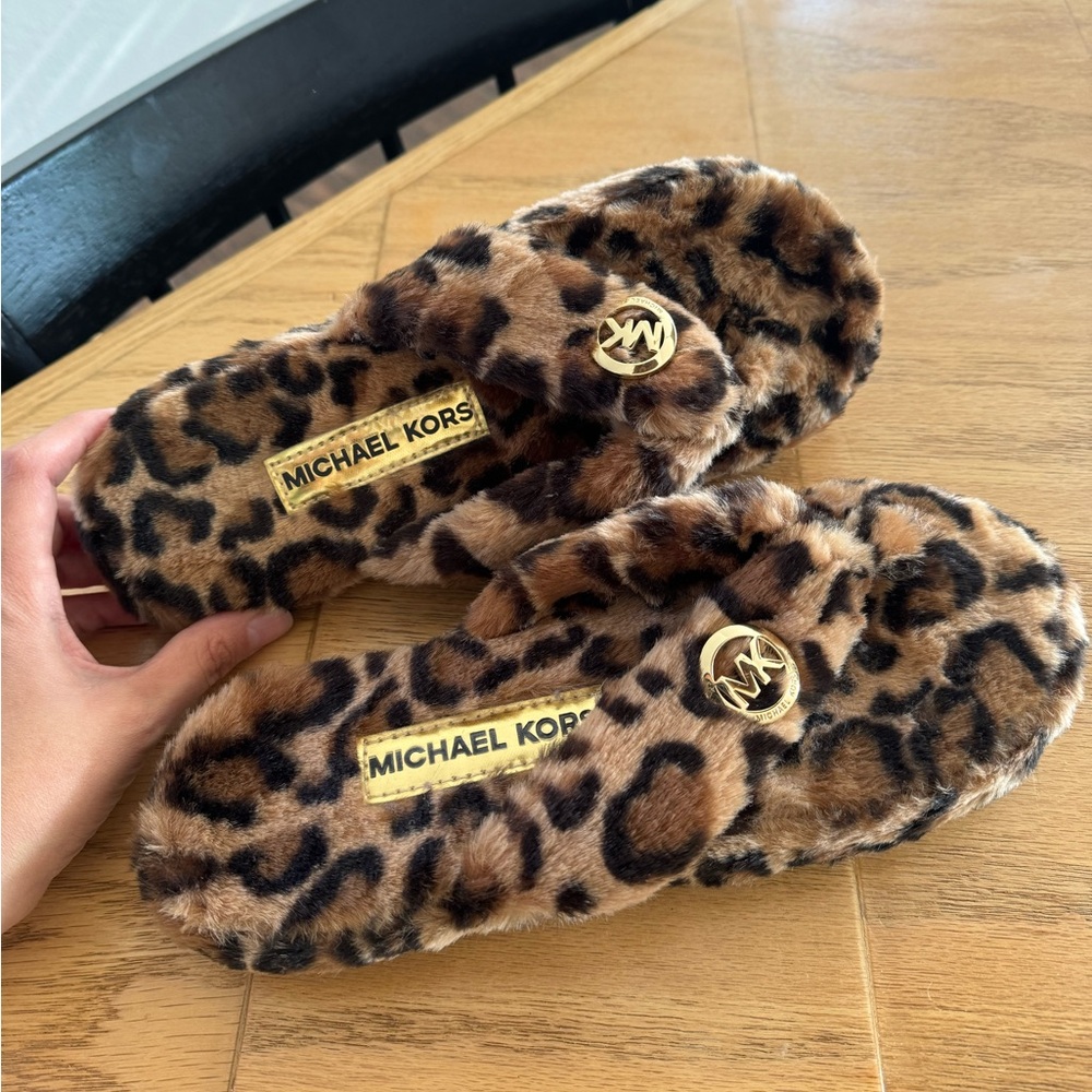 Michael Kors Leopard Print Fur Slide Slippers in Brown and Black with Gold Logo